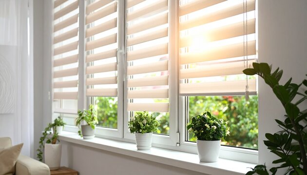 Sunlight streams through modern windows with day-and-night blinds above potted plants on a sill.