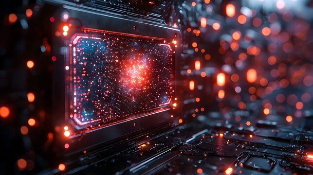 Abstract futuristic digital network with glowing particles and central energy core representing quantum computing and data processing