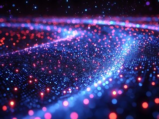 Abstract digital waves of luminous blue and red particles flowing to form a dynamic futuristic network or data representation