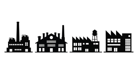 Fototapeta premium Diverse industrial factory silhouettes with smokestacks and water towers for manufacturing concepts vector