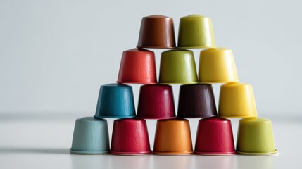 A colorful stack of coffee pods arranged in a pyramid shape, showcasing various vibrant colors and designs.