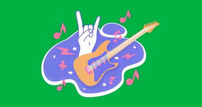 At startup guitar and rock-on hand appearing, notes flying on transparent canvas visualizing rhythm