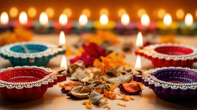 Happy diwali text with a beautiful diya rangoli illuminated at night
