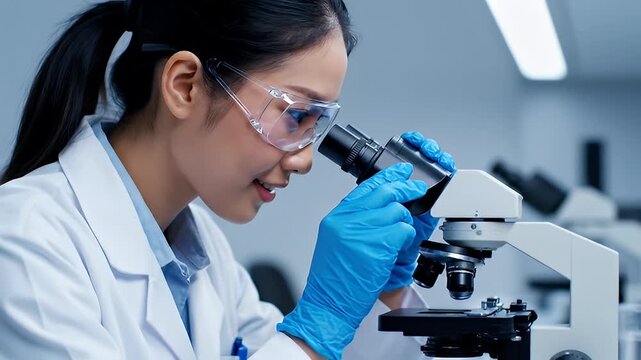 Young Female Scientist in Lab Coat and Gloves Examines Specimen Under Microscope
