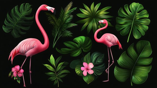 Beautiful pink flamingo with tropical leaves illustration for exotic summer nature design