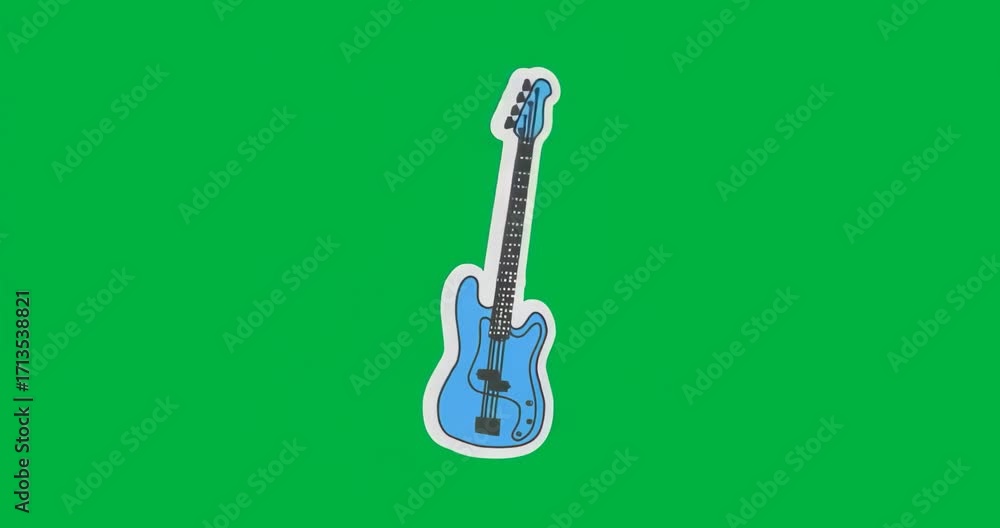 Poster on start electric guitar rising rotating with particles converging on transparent canvas for effect