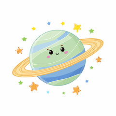 Adorable Cartoon Planet with Rings Pastel Green and Blue Happy Expression.