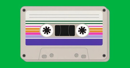 Retro cassette tape floating on transparent background, glowing neon-blue outline and static border - Powered by Adobe