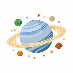Cartoon Blue Ringed Planet with Golden Rings Surrounded by Colorful Small Planets and Stars.