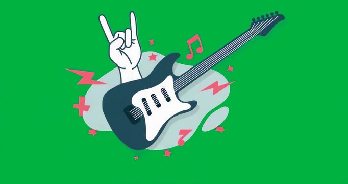 After glitch guitar and hand animating symbols showing music energy on transparent background