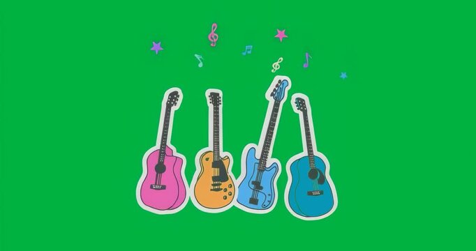 Blue haze forming behind guitars on transparent field pulsing to visualize music rising notes stars