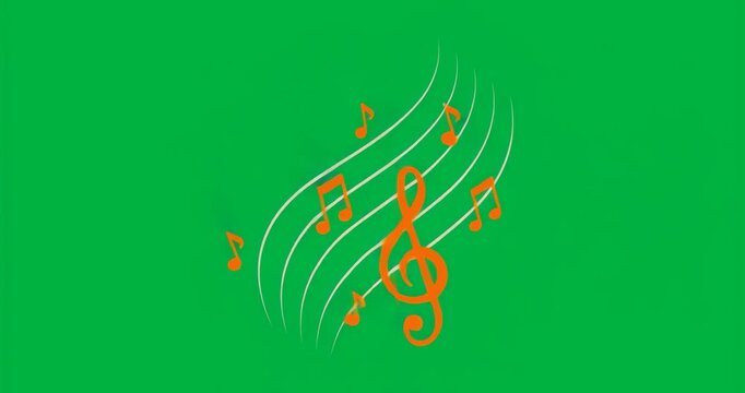 Blue aura firing staff lines, orange clef tilting, notes orbiting, forming tune on transparent void