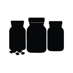 Silhouette of three glass jars with fish spilling out on white background, spices jars silhouette vector illustration