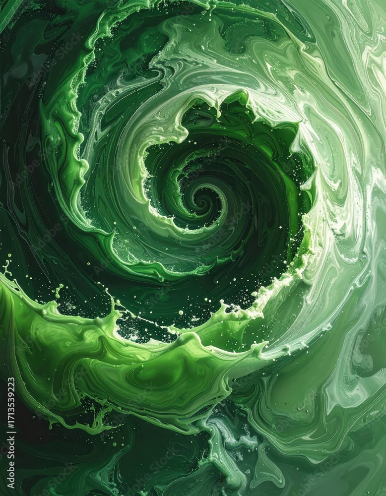 Poster swirling green abstract art with fluid dynamics and vivid patterns