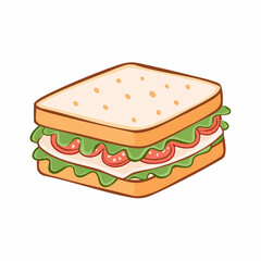 Isometric cartoon sandwich with toasted bread wavy green lettuce red meat and white cheese slice.