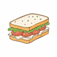 Vibrant cartoon sandwich featuring fresh green lettuce ripe red tomatoes and creamy white cheese on seeded bread.