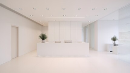 Fototapeta premium visitor. Modern office reception with clean white walls and minimalist design, showcasing professional and spacious environment. real-estate listings.