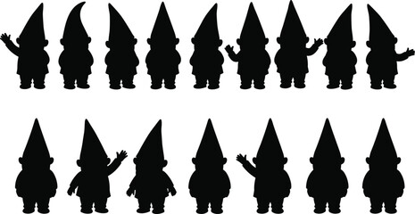 Garden gnome silhouette vector set, cute dwarf clipart, black fairytale character illustrations for decoration, design, fantasy art, and digital projects