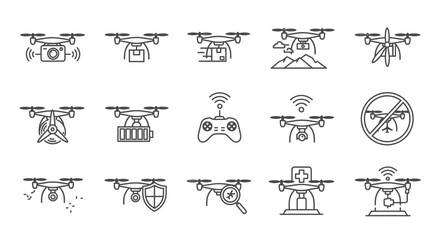 Collection of diverse drone icons and symbols for technology and surveillance concepts vector