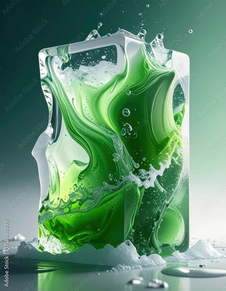 Poster abstract green fluid in clear block with splashing water effects