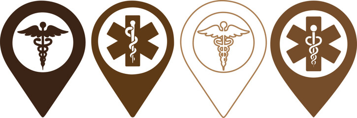 Vector illustration of medical location map pins with healthcare symbols, including caduceus and emergency star, used for hospital markers, clinic icons, pharmacy maps, and health navigation design
