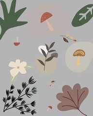 Background decorated with mushrooms and leaves