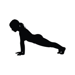 Silhouette of woman doing plank exercise, engaging core and strengthening muscles, woman in plank position silhouette vector illustration