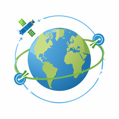 Stylized illustration of a satellite orbiting Earth representing global communication and network connectivity.