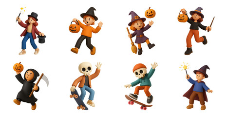PNG Whimsical Halloween characters illustration, element set on transparent background
