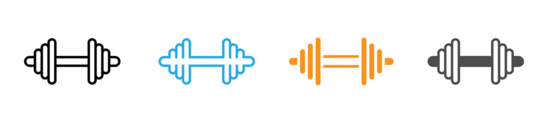 Simple, line-art dumbbell icons in black, light blue, orange, and dark gray.