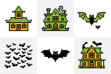 Pixel halloween houses, spooky mansion icons, flying bats swarm, black silhouettes, haunted neighborhood pack, retro game style vector