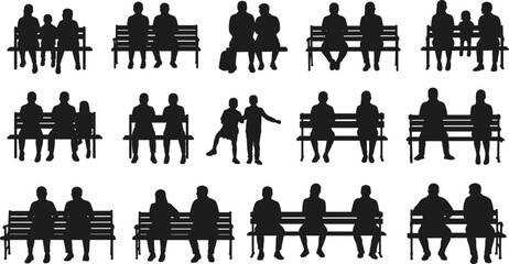 Silhouette people sitting on bench collection, family couple friends park scene, community lifestyle illustration, relaxing outdoor posture, black vector design set