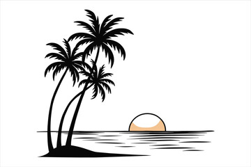 Obraz premium sunset palm trees on a beach, palm, tree, beach, summer, island, tropical, vector, sea, sun, silhouette, illustration, landscape, nature, ocean, sunset, travel, sky, paradise, coconut, holiday, palm t