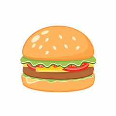 Cartoon Style Burger with Lettuce Tomato Cheese and Patty.