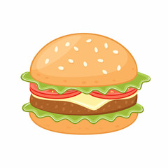 Delicious Cartoon Hamburger with Sesame Seed Bun and Fresh Toppings.