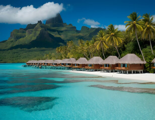 Fototapeta premium A peaceful and tranquil lagoon in Bora Bora, French Polynesia, with crystal-clear waters and overwater bungalows dotting the shoreline. A view of the sea and mountains. Tropical beach with palm trees.