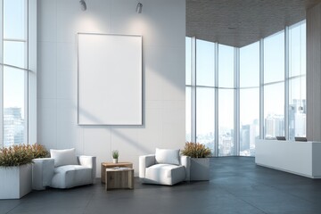 Modern Lobby Interior with White Armchairs, Large Windows, and City View