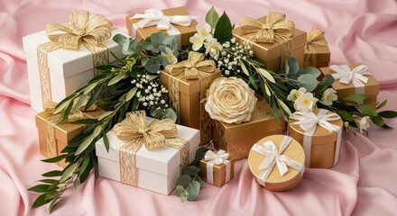 Elegant gift boxes with gold ribbons and floral accents on a soft pink satin background create a luxurious and festive atmosphere