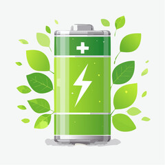 Green Energy Battery Symbol with Flowing Leaves.
