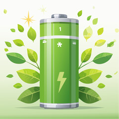 Green Energy Battery with Lightning Bolt and Leaf Accents Illustration.