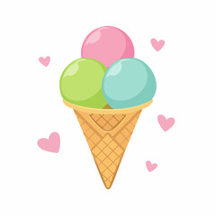A cute cartoon illustration of a waffle cone with three colorful pastel scoops of ice cream.
