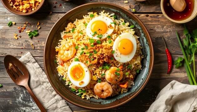 Aromatic Asian Shrimp Fried Rice with Boiled Eggs in a Bowl.
