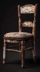 Close-up view of an old and weathered antique chair against a dark backdrop to highlight details