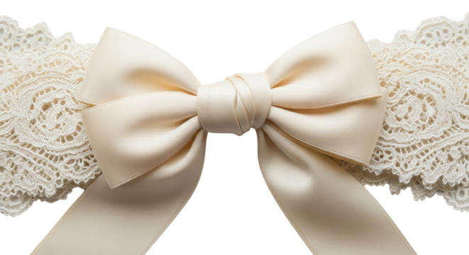 Elegant cream bow on lace for fashion or wedding design isolated PNG with Transparent Background