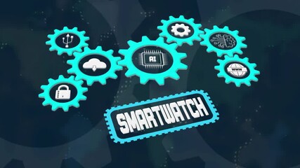 Digital smartwatch technology and smart accessories, an animated gear system with technology symbols illustrating modern artificial intelligence and data analytics. - Powered by Adobe