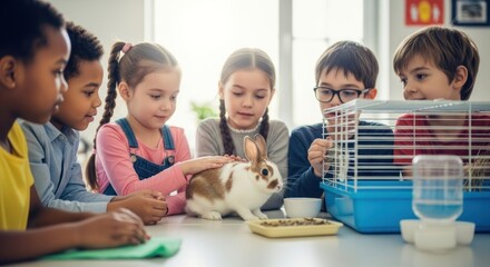 Children observing a rabbit in a cage.