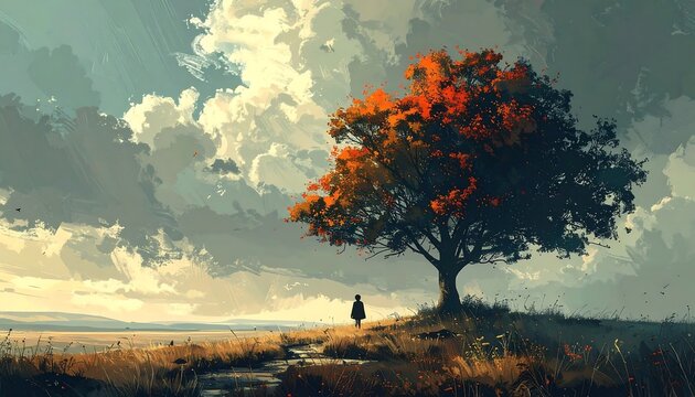 A solitary figure beneath a vibrant autumn tree