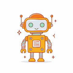 Friendly orange and yellow cartoon robot illustration with antennae smiling face and segmented limbs.