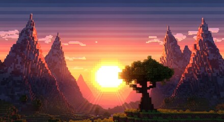 Pixel art landscape featuring mountains, a tree, and a sunset, evoking a sense of adventure and nostalgia