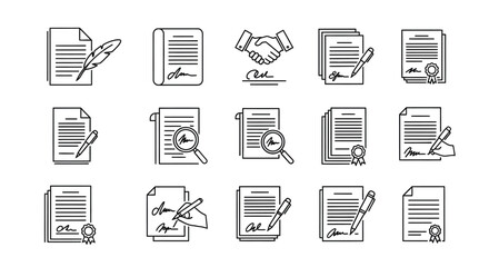 Collection of hand drawn agreement and contract icons for business and legal documents vector
